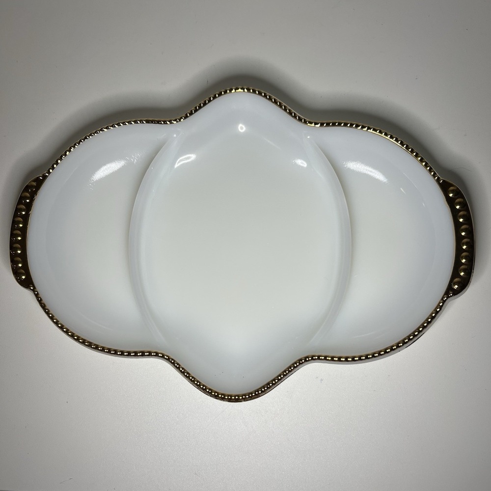 Anchor Hocking Fire King Milk Glass Divided Dish With Gold Gild Beaded Trim - Picture 2 of 4